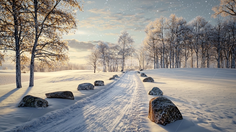 高清大图下载【趣麦麦图】冬日阳光下的雪地小路