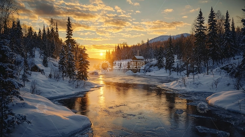 高清大图下载【趣麦麦图】雪山下的河流在日落时分