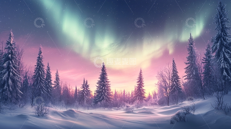 高清大图下载【趣麦麦图】极光下的冬日雪景