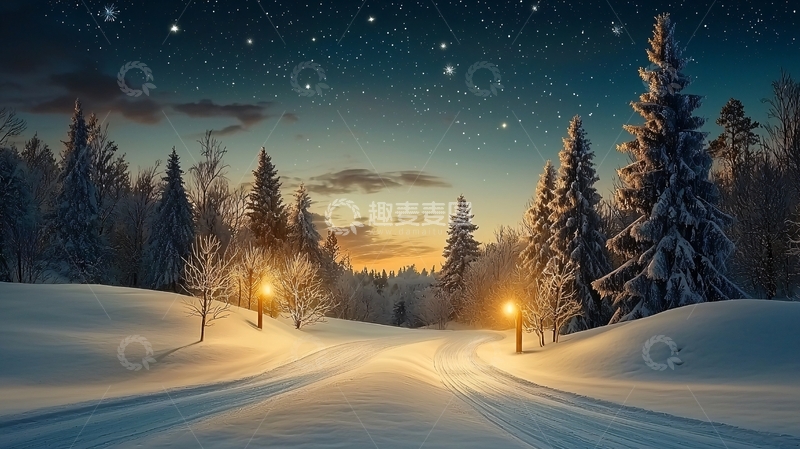 高清大图下载【趣麦麦图】雪夜森林小路