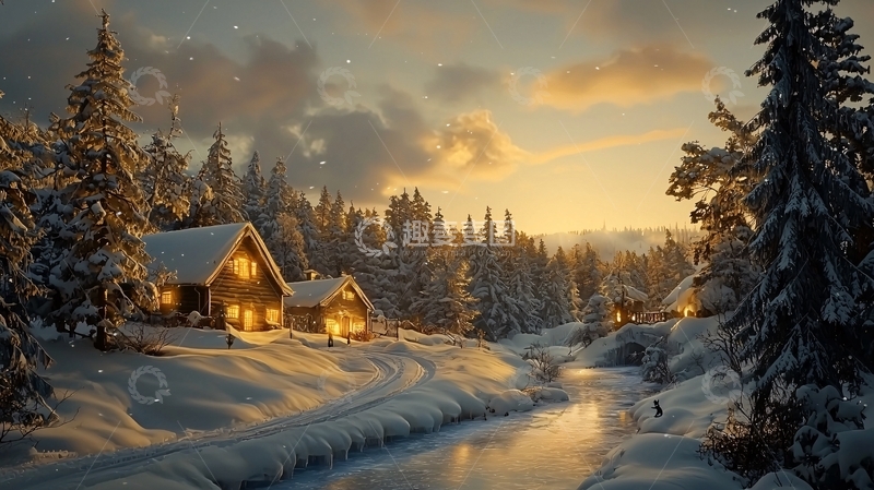 高清大图下载【趣麦麦图】雪地小屋日落美景