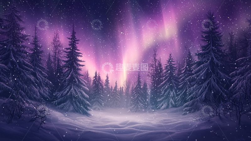 高清大图下载【趣麦麦图】紫色极光下的雪地森林