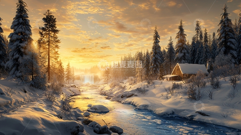 高清大图下载【趣麦麦图】雪地小屋日落下的宁静冬日