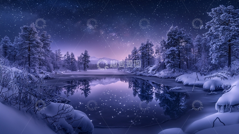 高清大图下载【趣麦麦图】冬季湖面星空夜景