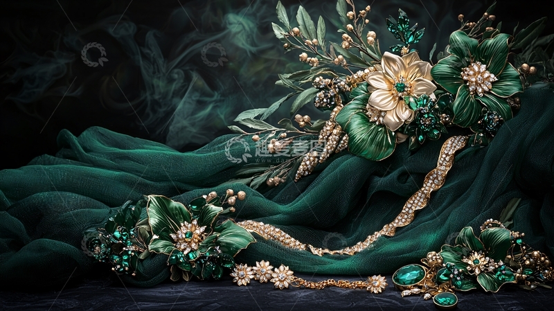 高清大图下载【趣麦麦图】深绿色丝绸上的金色花卉与蛇