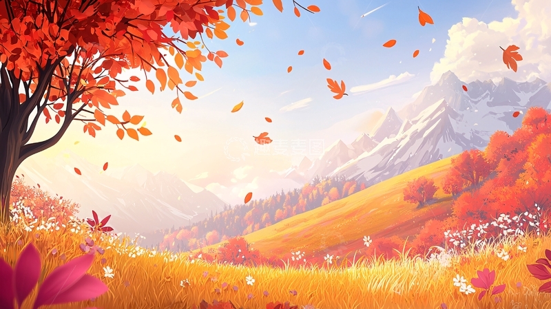 高清大图下载【趣麦麦图】秋日山景唯美卡通风