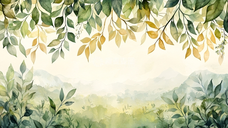 高清大图下载【趣麦麦图】绿叶山水水彩背景