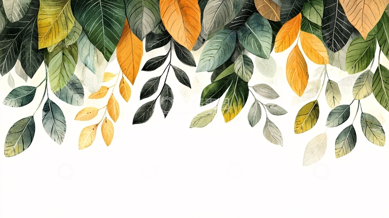 高清大图下载【趣麦麦图】彩色树叶的水彩绘画