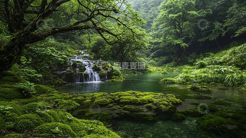 高清大图下载【趣麦麦图】郁郁葱葱的森林小溪瀑布