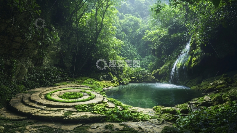 高清大图下载【趣麦麦图】郁郁葱葱的绿色森林中的小瀑布