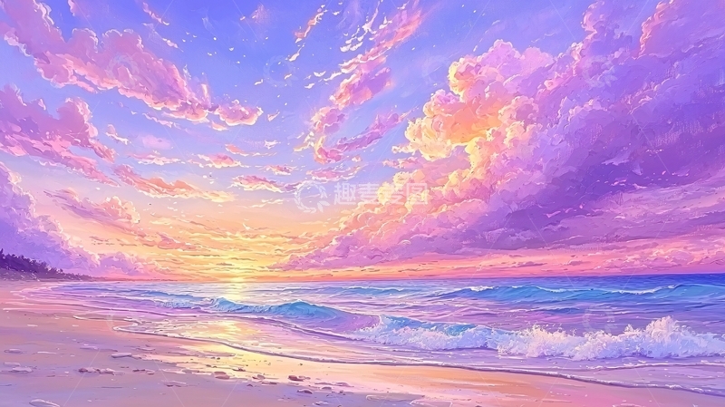 高清大图下载【趣麦麦图】粉色云朵浪漫海滩日落