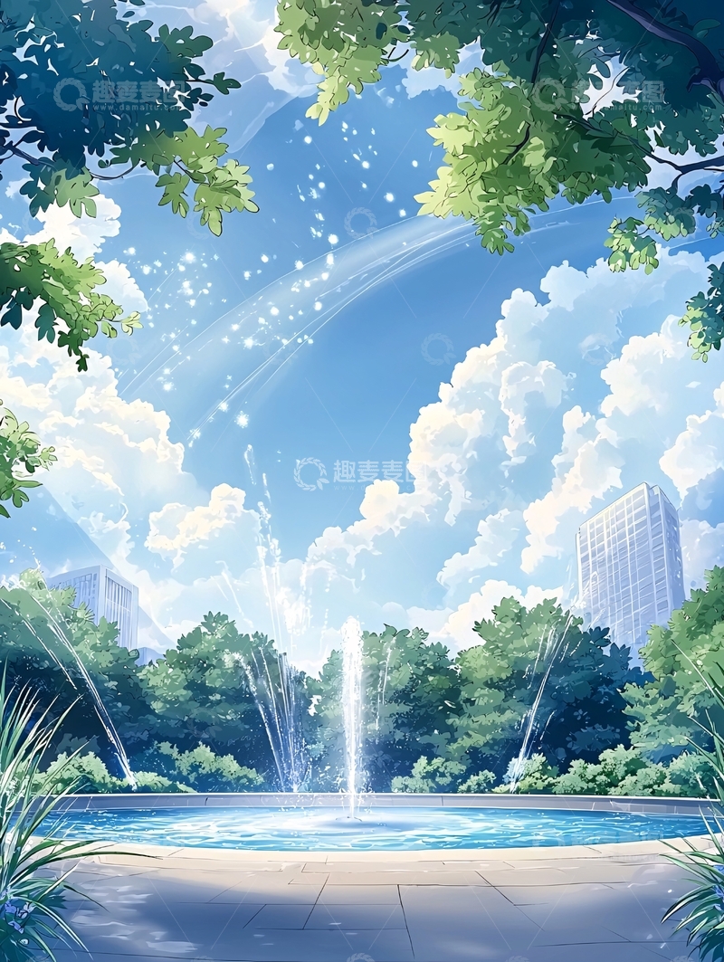 高清大图下载【趣麦麦图】蓝天白云下的公园喷泉