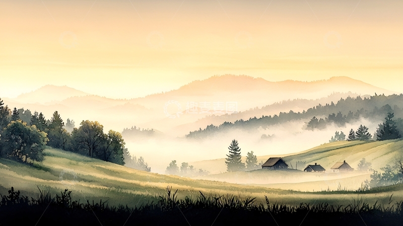 高清大图下载【趣麦麦图】雾气笼罩的田园风光