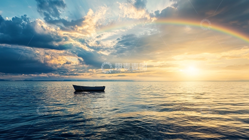 高清大图下载【趣麦麦图】海面小船彩虹日落