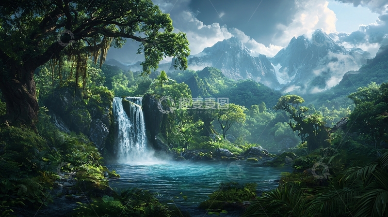高清大图下载【趣麦麦图】热带雨林瀑布山水画