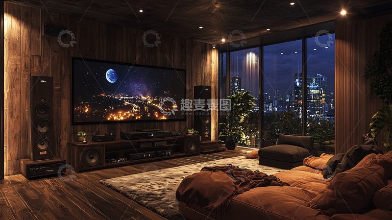 高清大图下载【趣麦麦图】豪华客厅夜景大落地窗