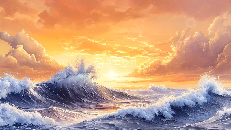 高清大图下载【趣麦麦图】波涛汹涌的日落海景