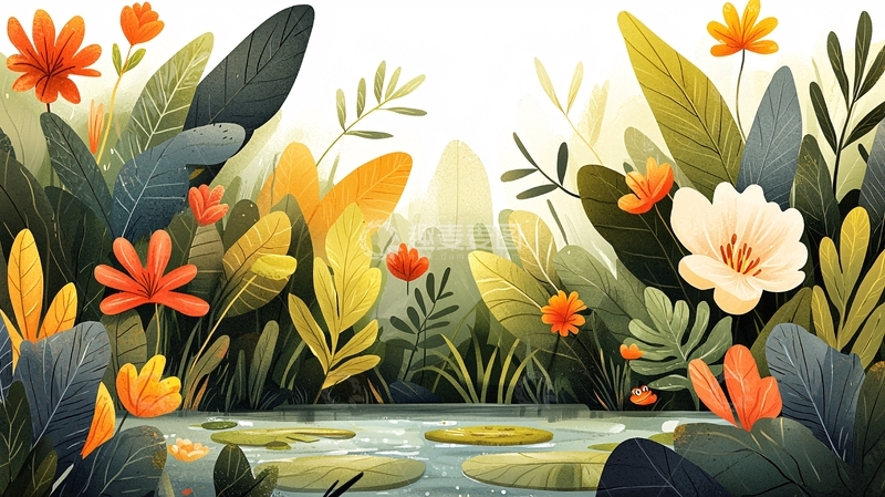 高清大图下载【趣麦麦图】植物池塘的卡通背景