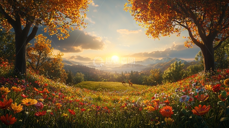 高清大图下载【趣麦麦图】秋日金色田野落日