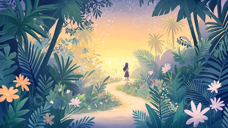 高清大图下载【趣麦麦图】森林小路上的女孩背影