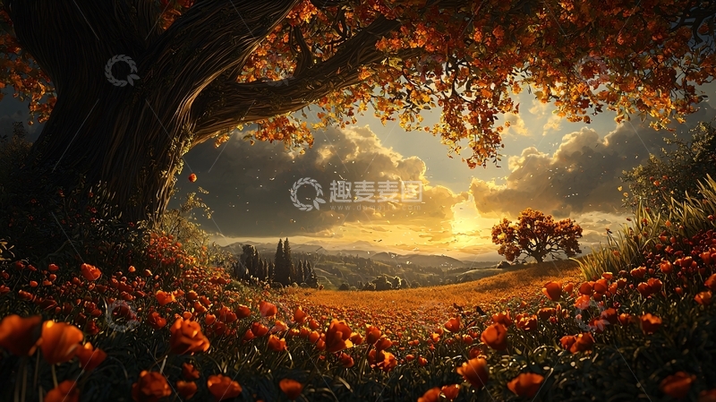 高清大图下载【趣麦麦图】夕阳下秋日田野的浪漫景色