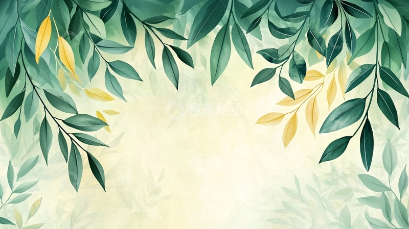 高清大图下载【趣麦麦图】绿色树叶水彩背景