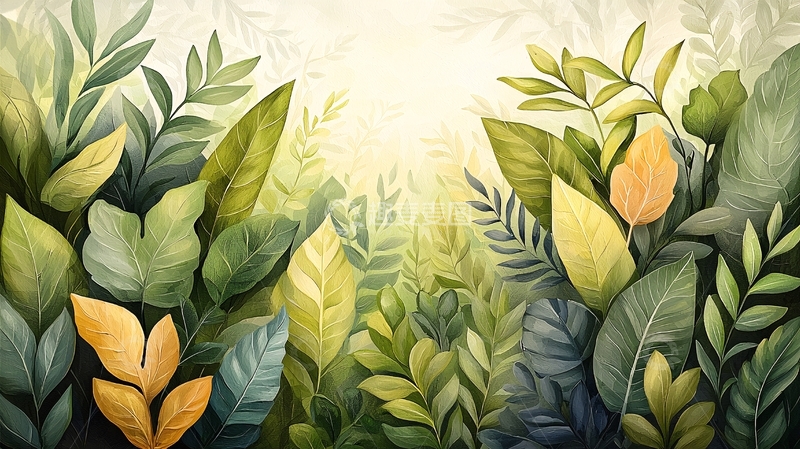 茂密森林叶子水彩插画