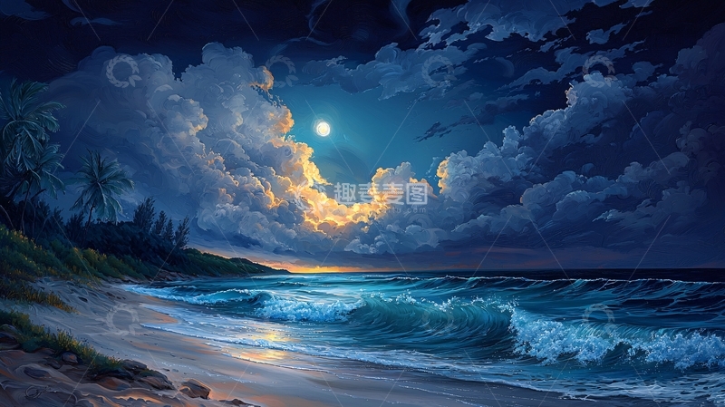 高清大图下载【趣麦麦图】月夜海边云朵环绕