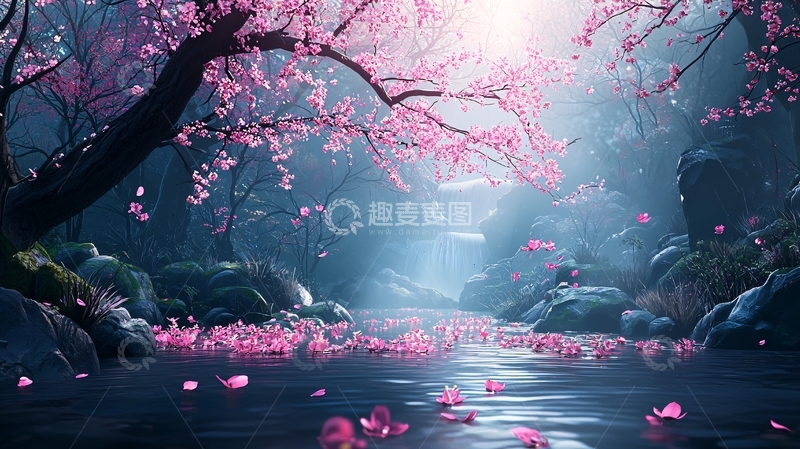 高清大图下载【趣麦麦图】粉色花瓣飘落水面