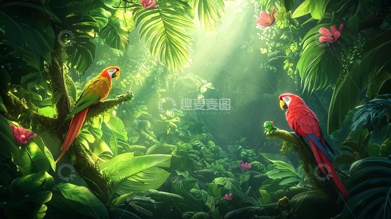 高清大图下载【趣麦麦图】热带雨林鹦鹉明亮光线