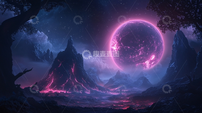 高清大图下载【趣麦麦图】紫色星云笼罩的奇幻世界