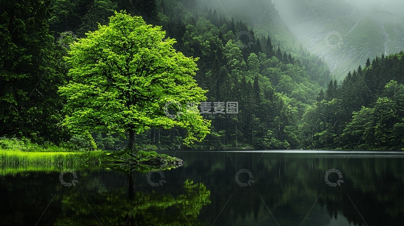 高清大图下载【趣麦麦图】郁郁葱葱的树在湖边