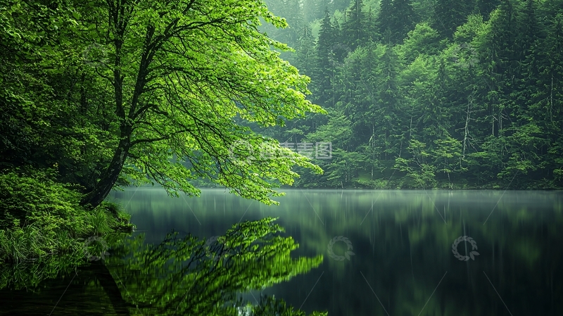 高清大图下载【趣麦麦图】湖面倒影的绿色森林