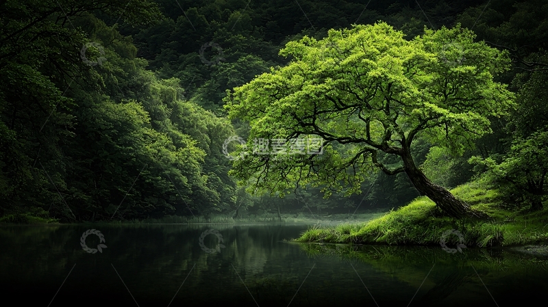 高清大图下载【趣麦麦图】水边翠绿的树木风景