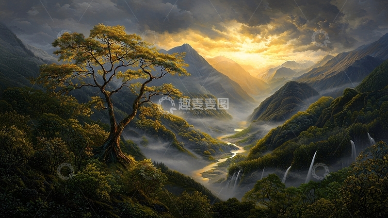 高清大图下载【趣麦麦图】山谷云雾缭绕日出