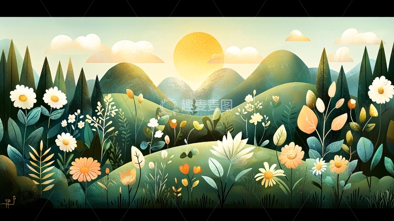 高清大图下载【趣麦麦图】阳光下的花丛山丘景色