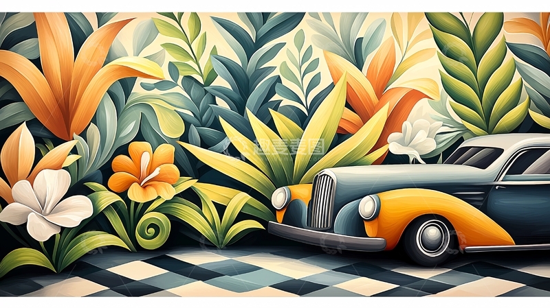 高清大图下载【趣麦麦图】复古汽车与花卉植物