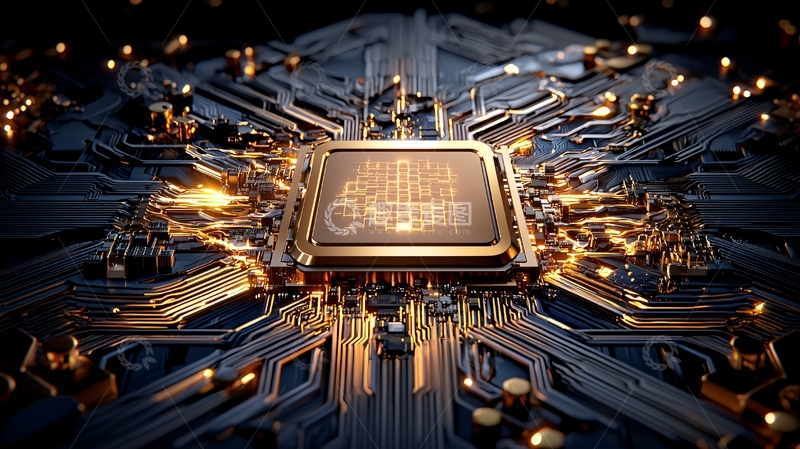 高清大图下载【趣麦麦图】金色芯片在电路板上闪耀