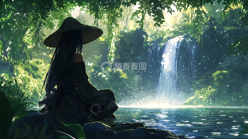 高清大图下载【趣麦麦图】森林瀑布前的戴帽女子