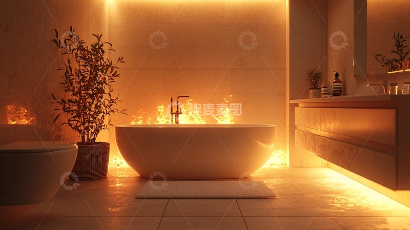 高清大图下载【趣麦麦图】温暖灯光下的现代浴室