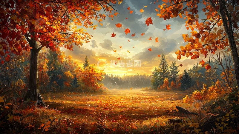 高清大图下载【趣麦麦图】秋日森林落叶夕阳美景
