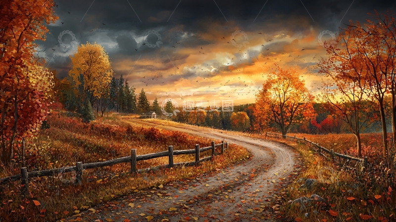 高清大图下载【趣麦麦图】秋日乡村风景油画