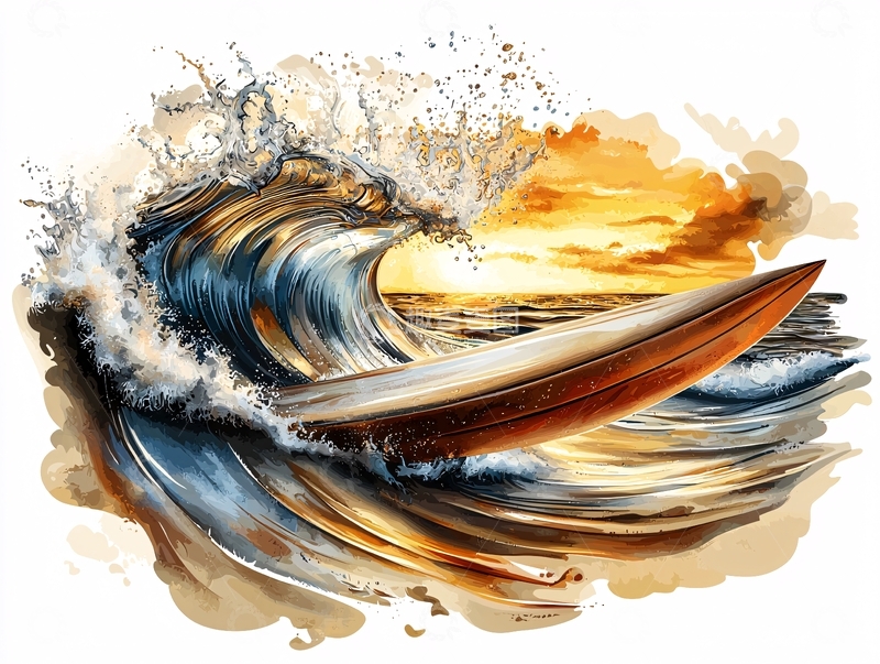 高清大图下载【趣麦麦图】海浪汹涌夕阳照耀冲浪板