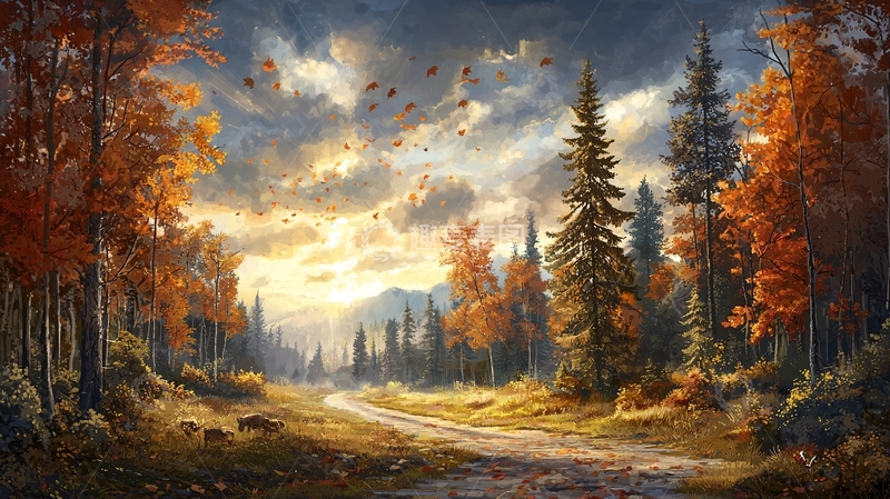 高清大图下载【趣麦麦图】秋日森林的油画风景