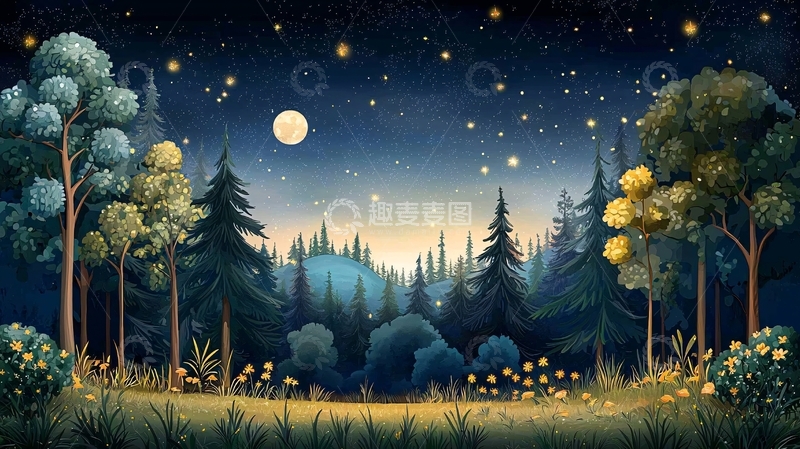 高清大图下载【趣麦麦图】星空下的森林夜晚景色