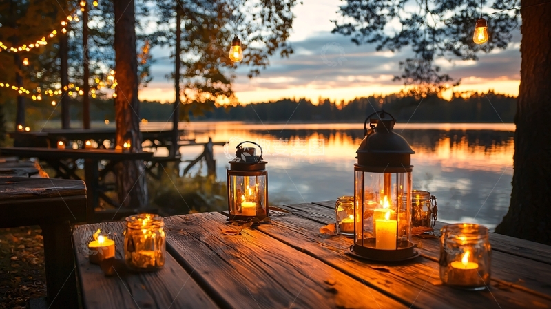 高清大图下载【趣麦麦图】湖边浪漫夜晚烛光晚餐