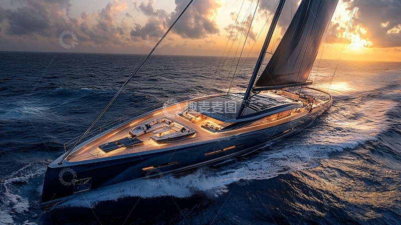 高清大图下载【趣麦麦图】夕阳下的航行帆船