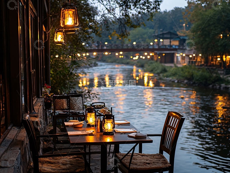 高清大图下载【趣麦麦图】傍晚河边浪漫餐厅