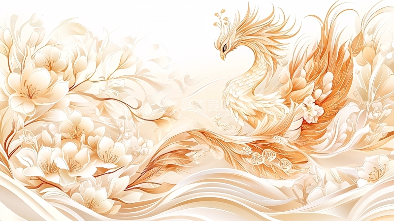 高清大图下载【趣麦麦图】金色凤凰与花朵的水彩画