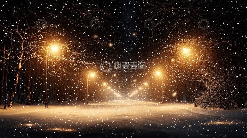 高清大图下载【趣麦麦图】雪夜路灯下的街道